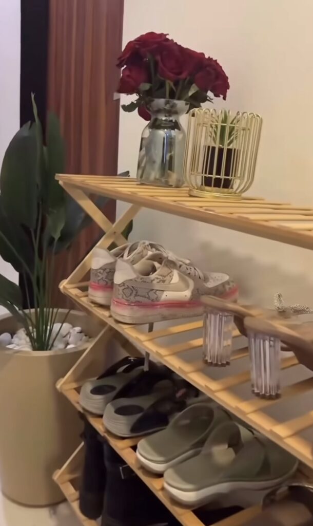 A foldable bamboo shoe rack.
