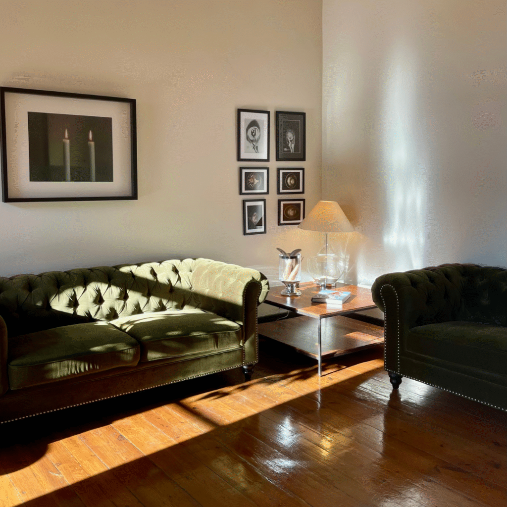 A modern living room with vintage green sofas.