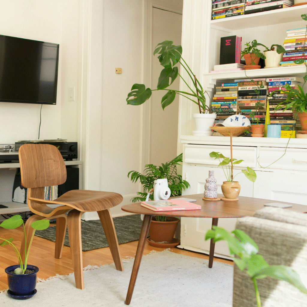 A small living room with plants.