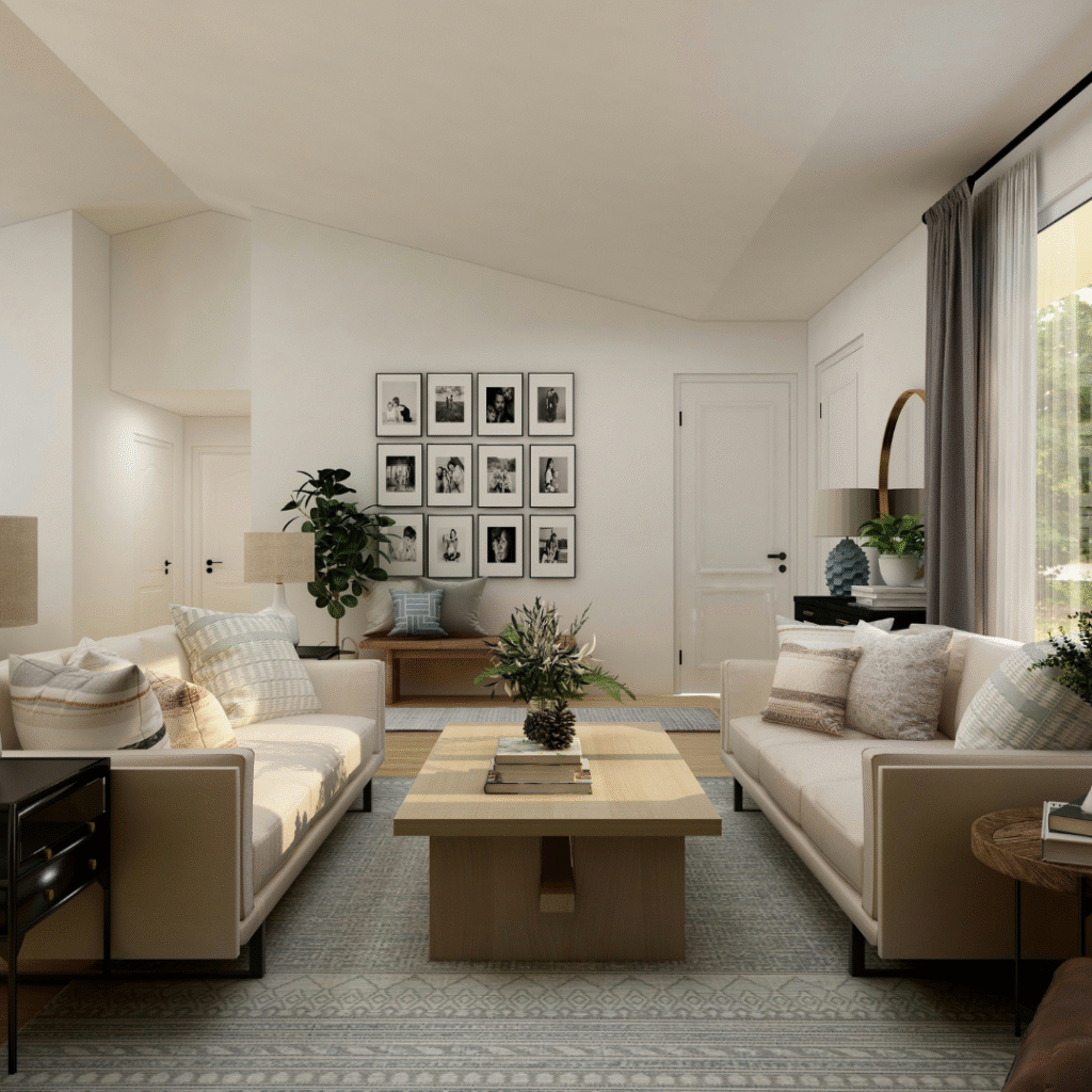 A modern living room with photographs.