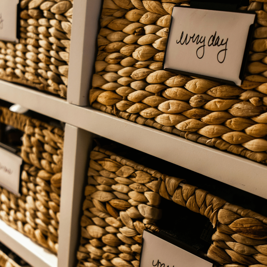 Woven storage baskets with label clips.