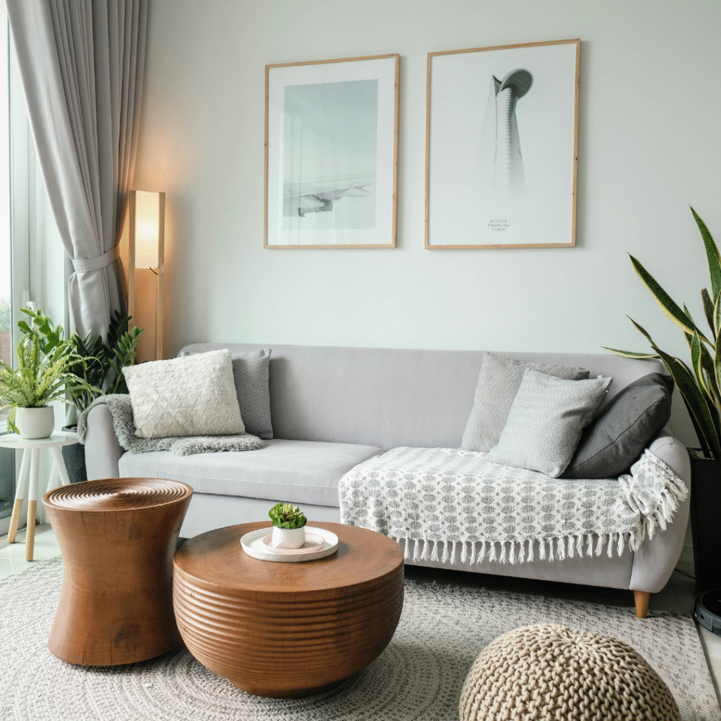 A gray sofa with a wooden coffee table.