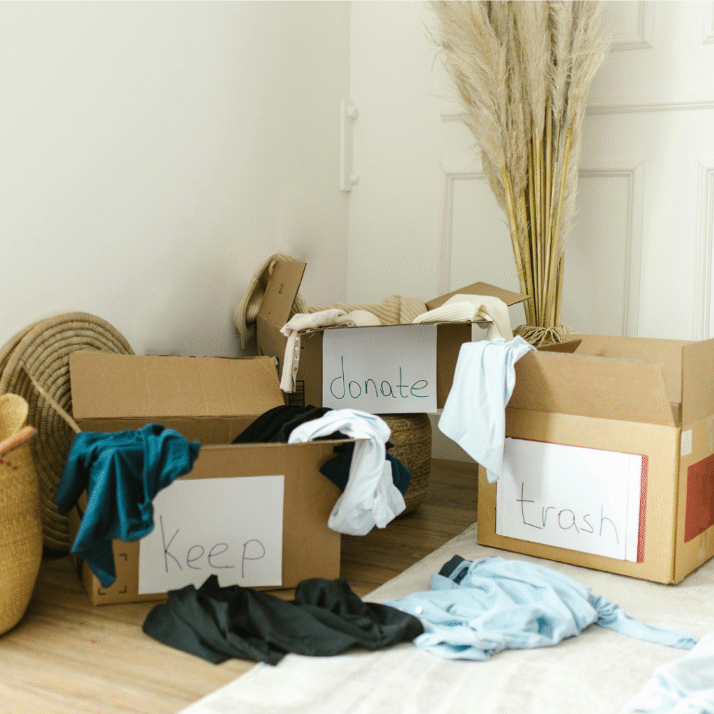 Boxes filled with clothes.