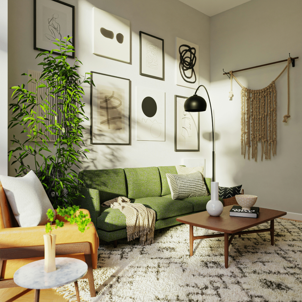 A living room with a green sofa.