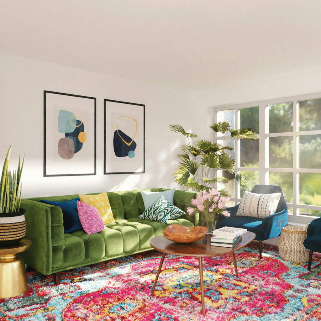 A living room with an oriental rug and art prints.