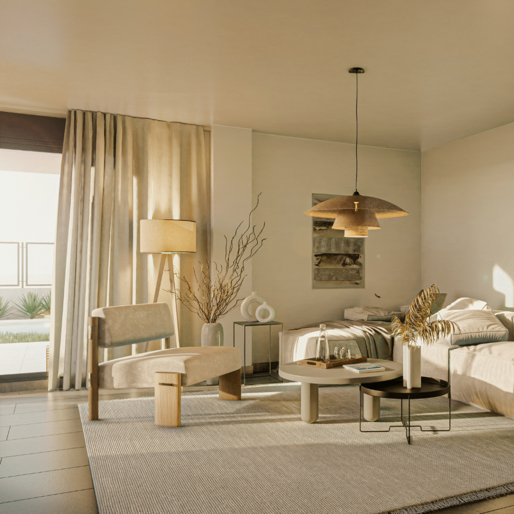 A modern living room with floor-to-ceiling curtains.
