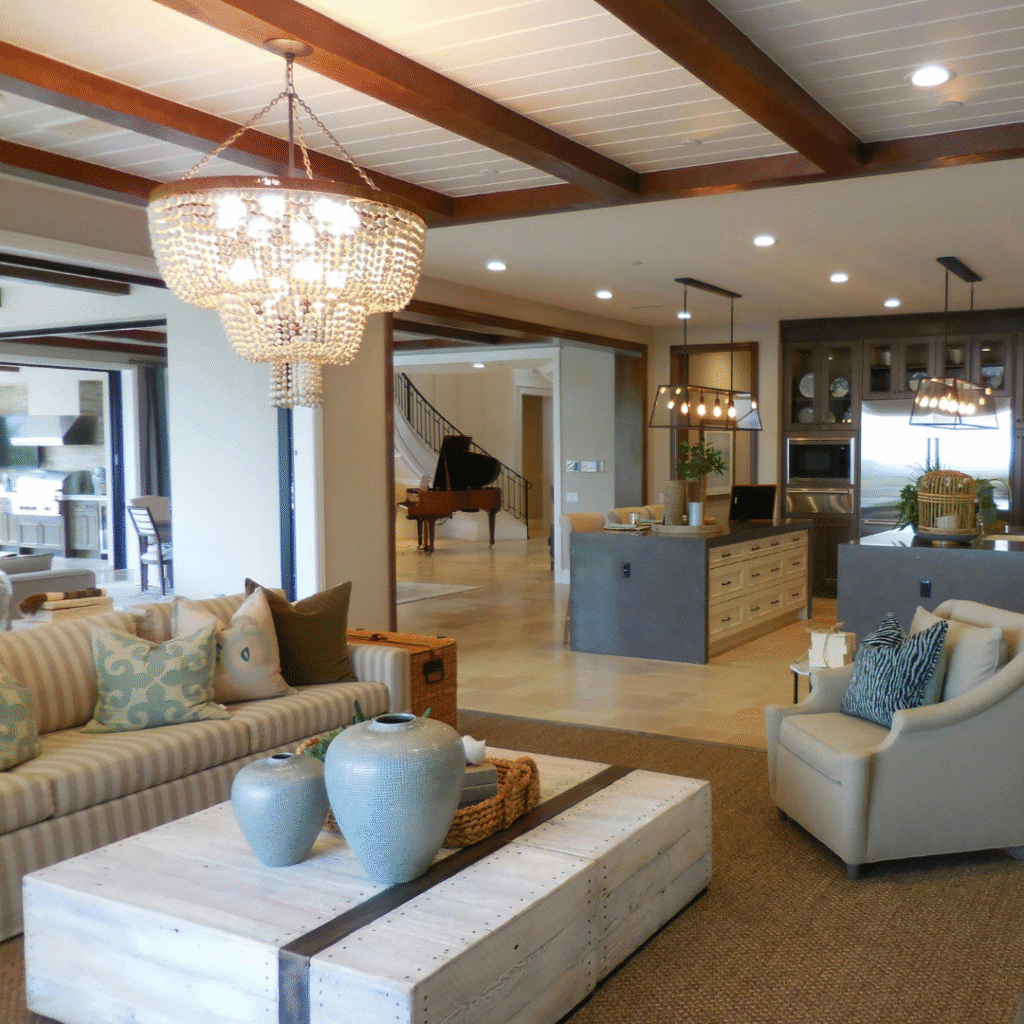 A luxury and coastal living room.