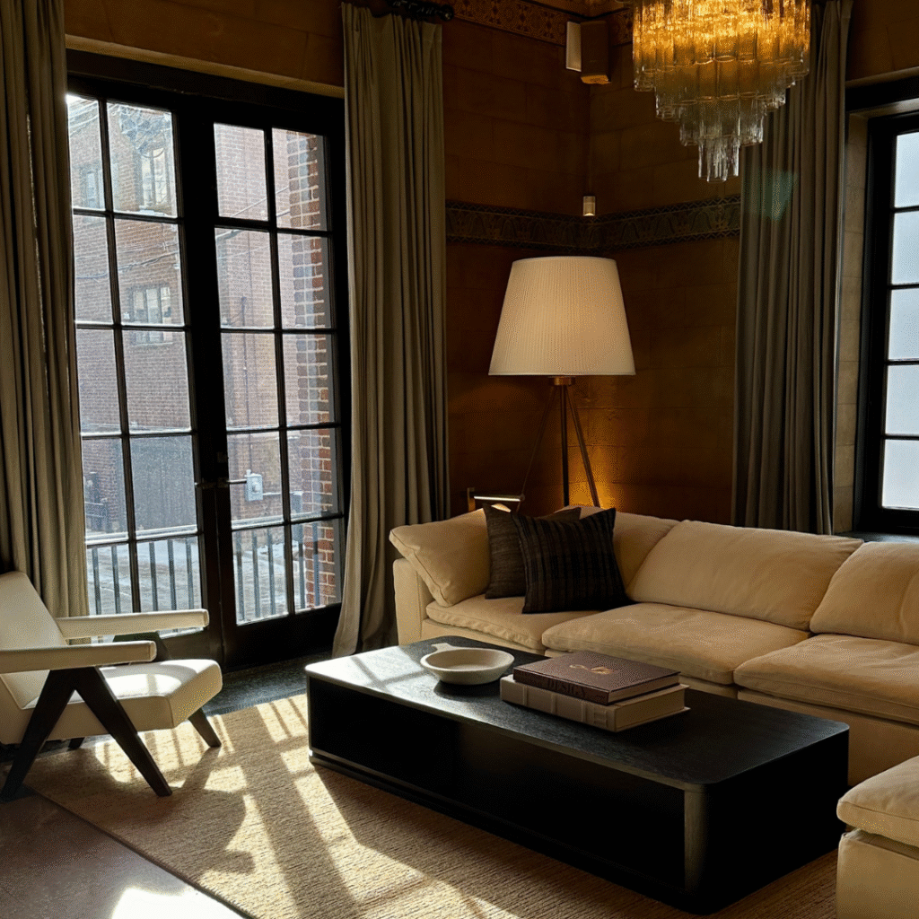 A modern living room with cozy lighting.