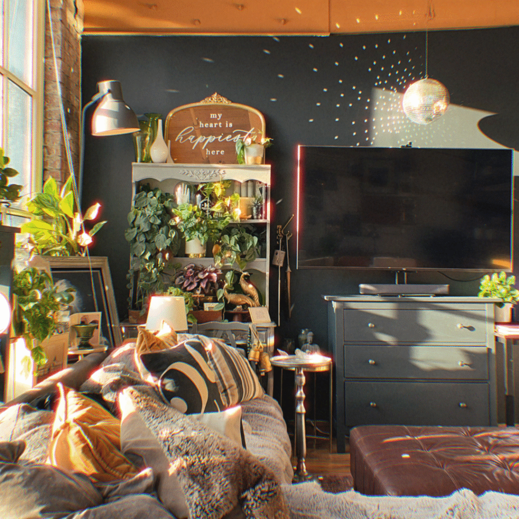 A living room with a black wall.
