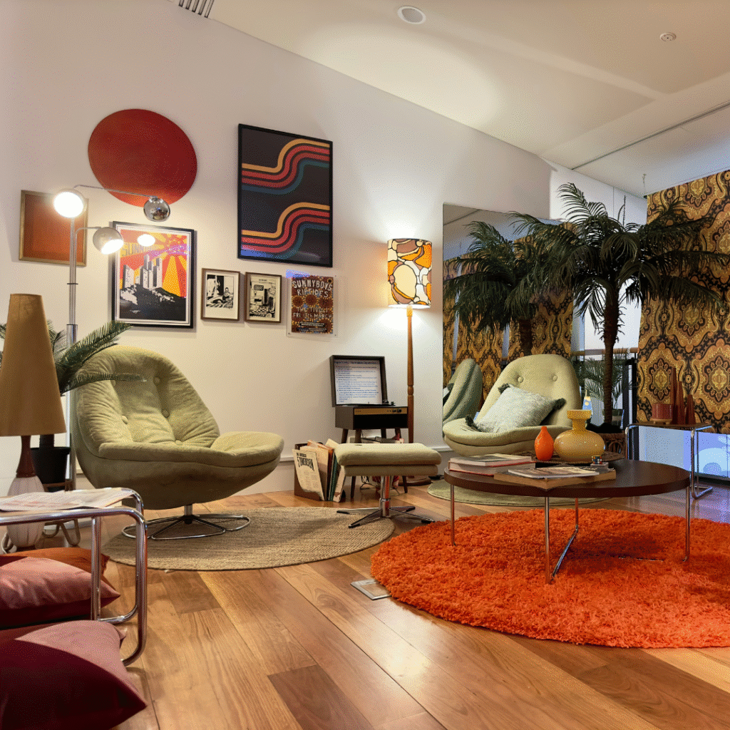 An orange and green living room.
