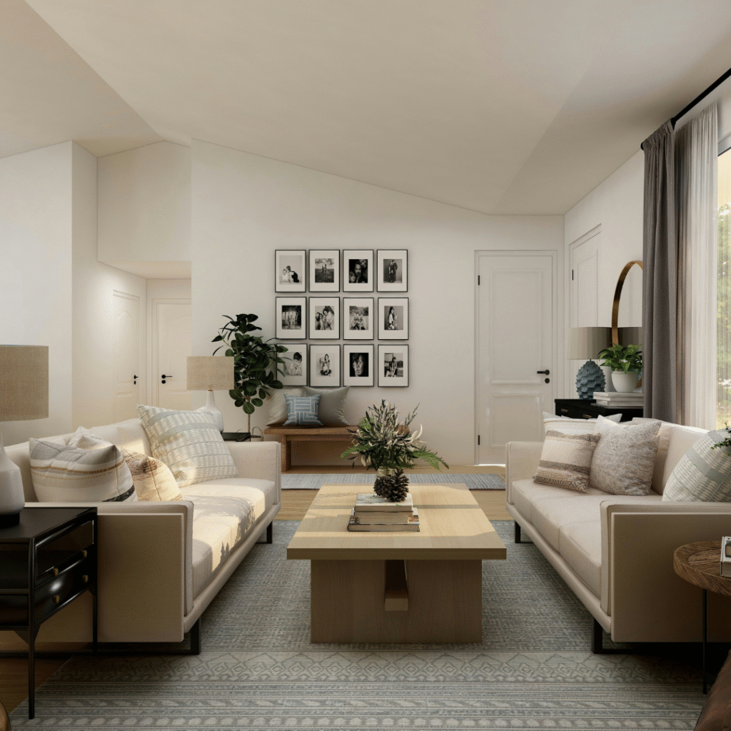 A modern living room with photographs.