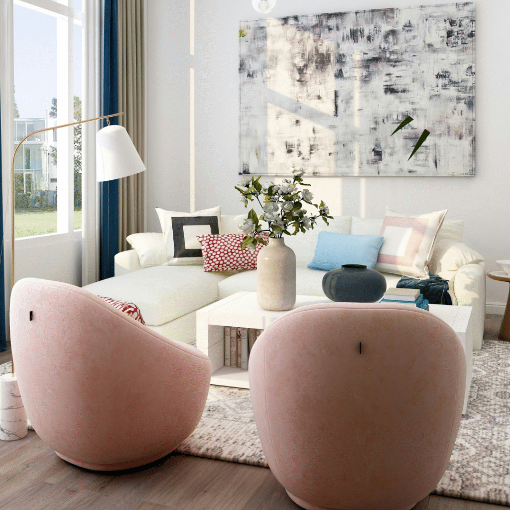 A modern living room with pink chairs.