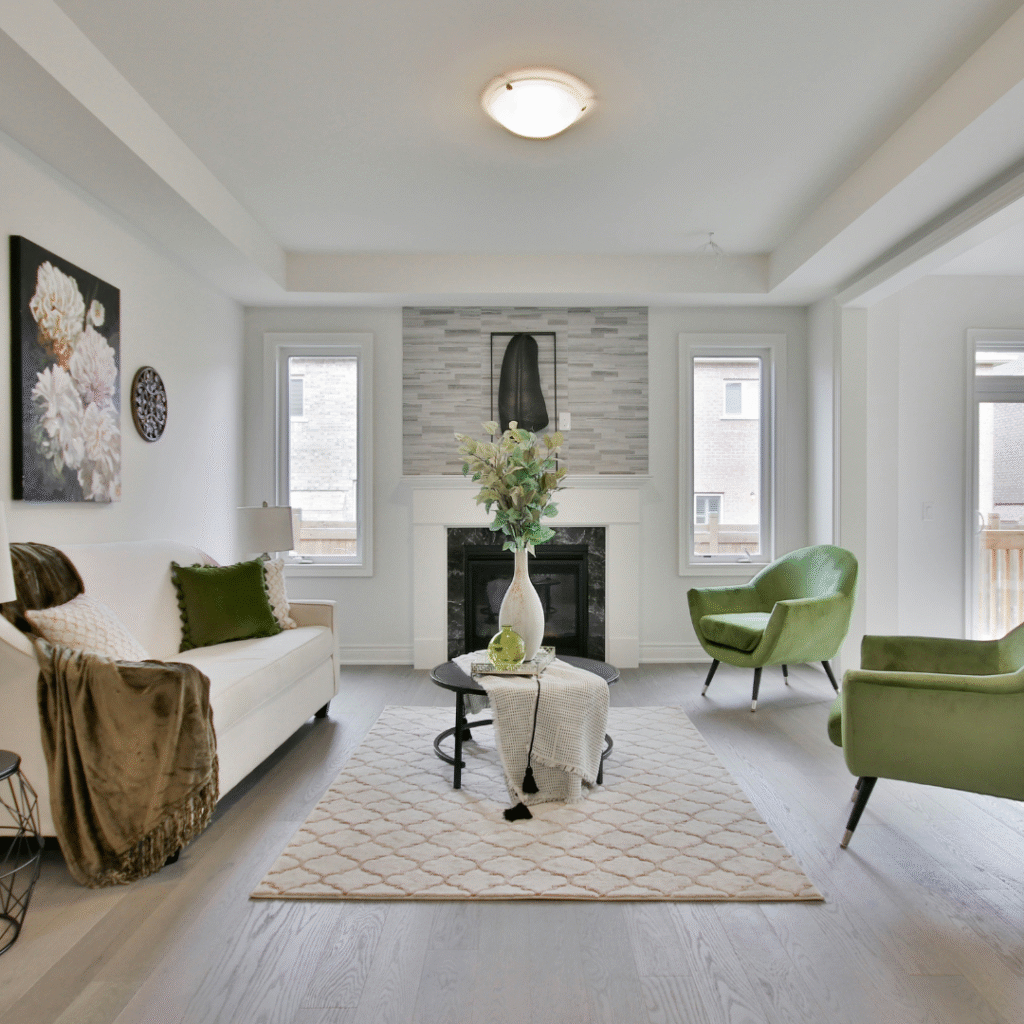 A modern living room with green chairs.