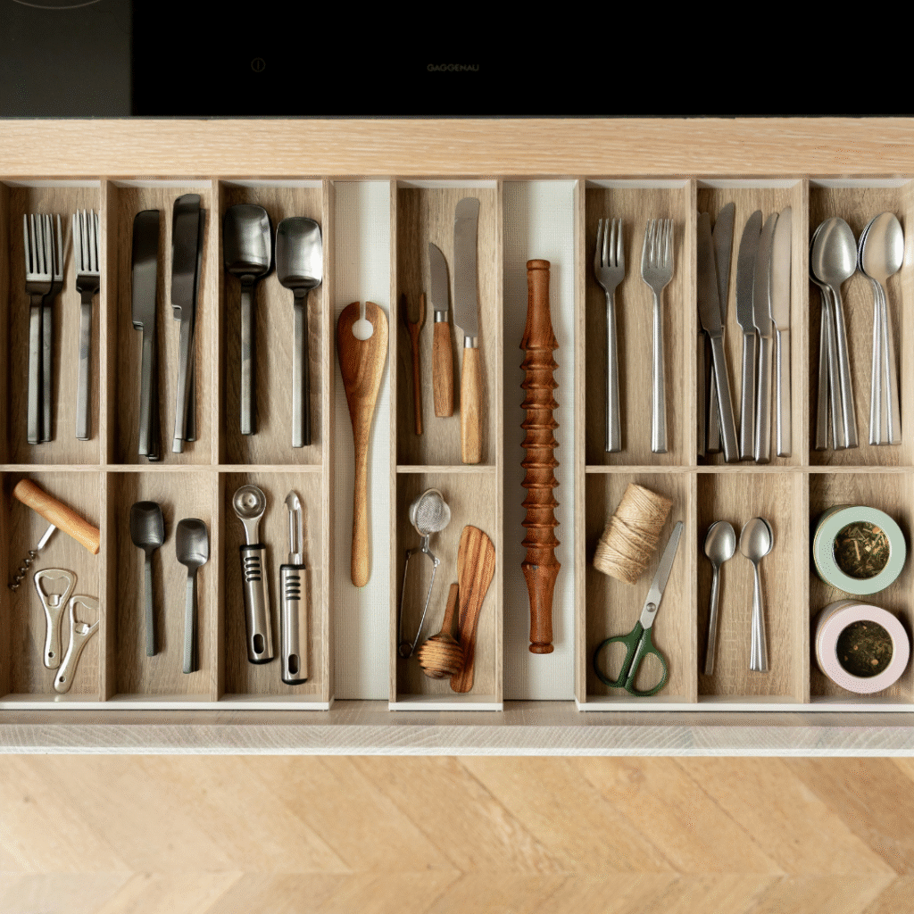 A kitchen drawer with bamboo organizers.