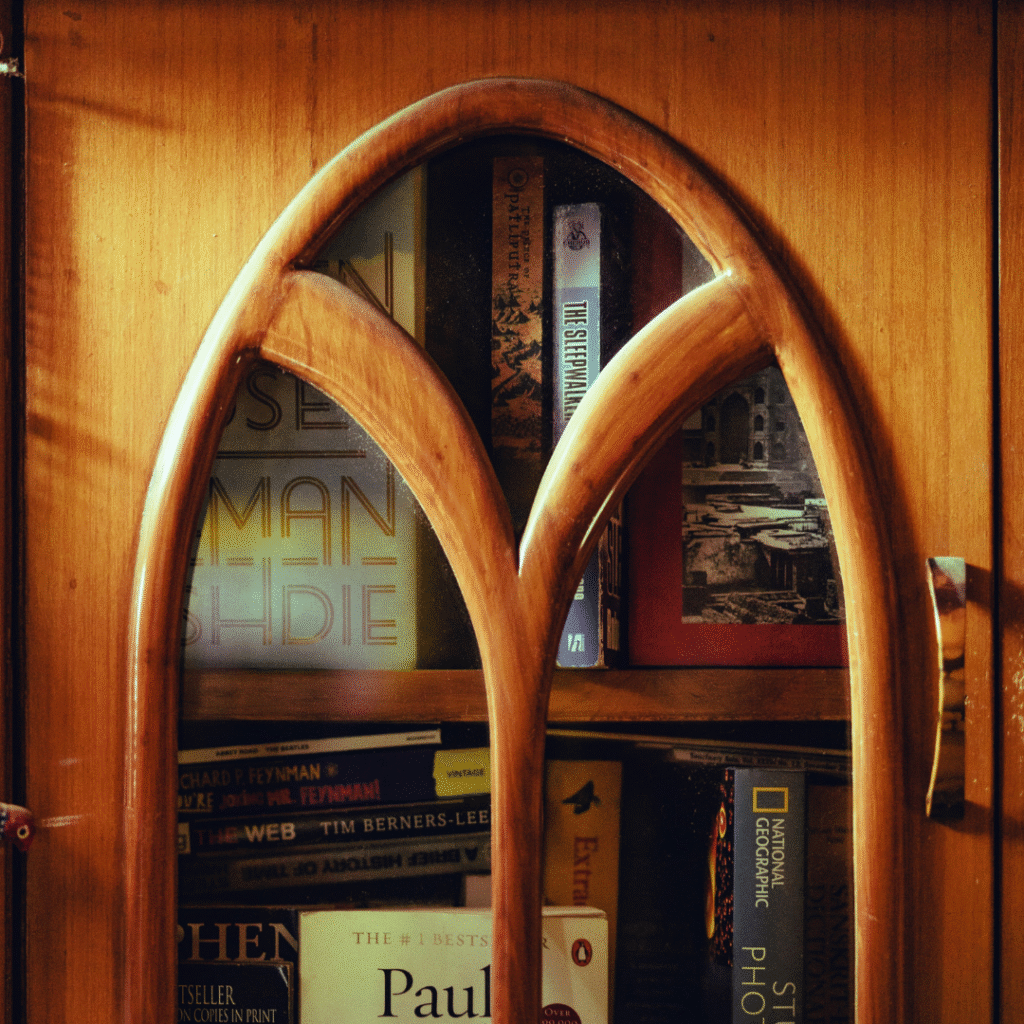 A wooden bookshelf with a magical door.