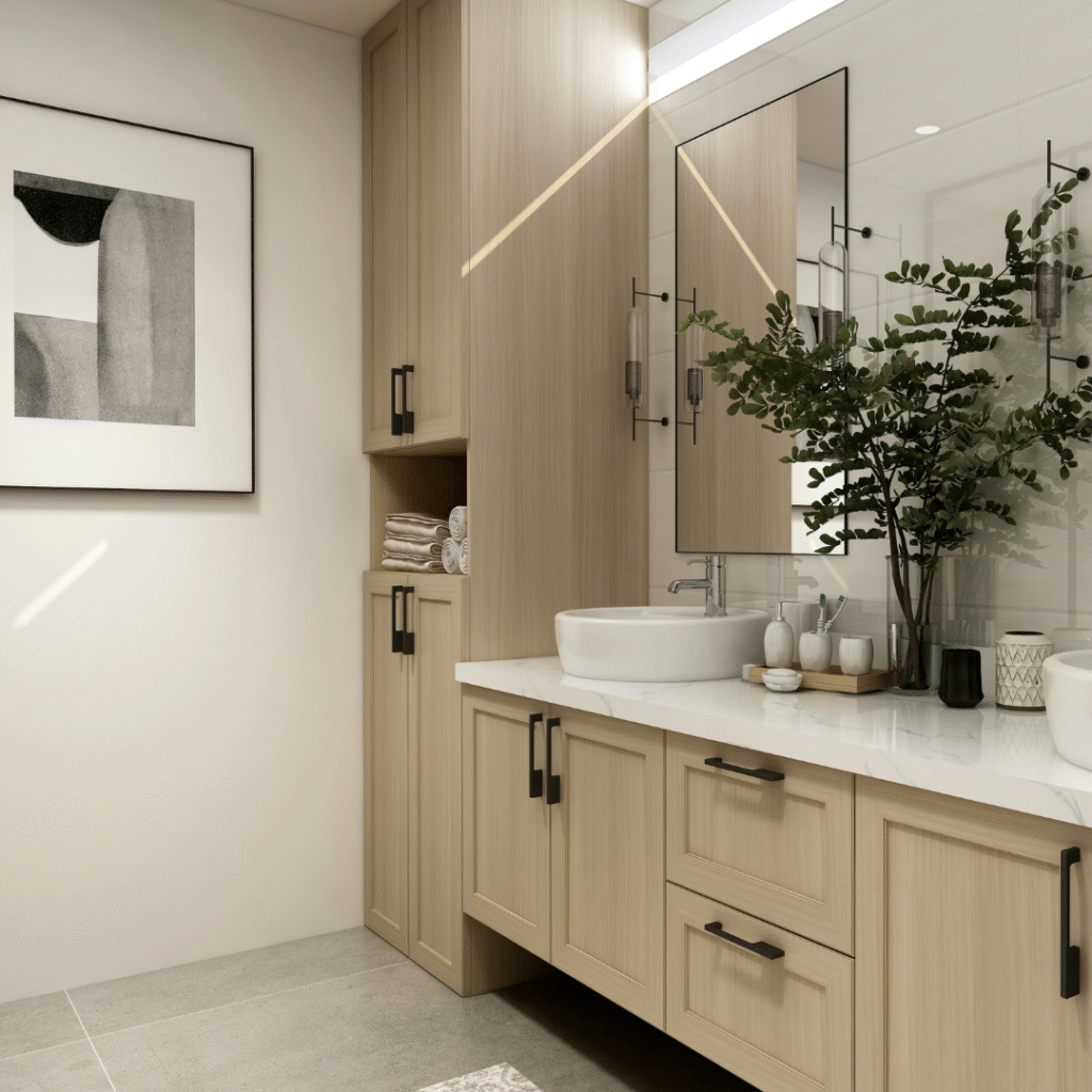 A bathroom with a black and white print.