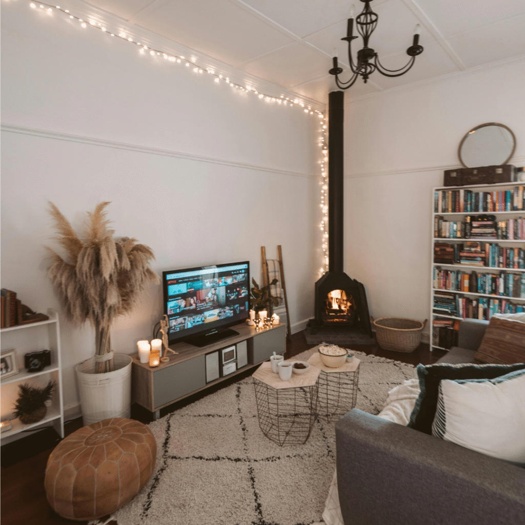 A living room with cozy lighting.
