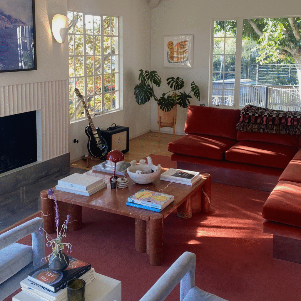 A red living room.