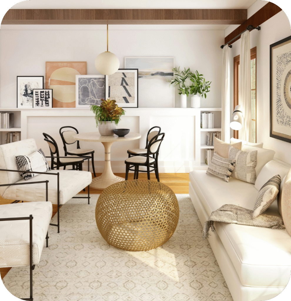 A boho living room with art prints.