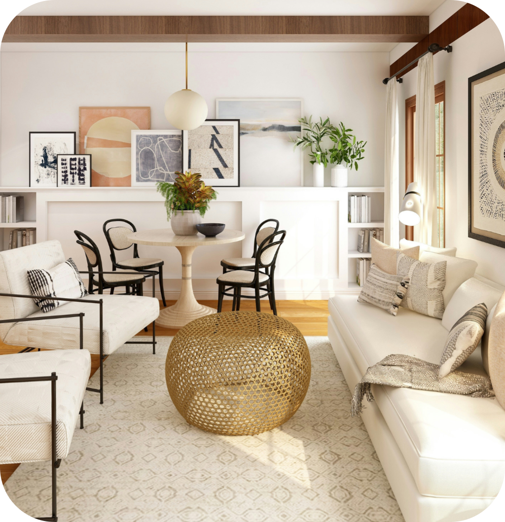 A boho living room with art prints.