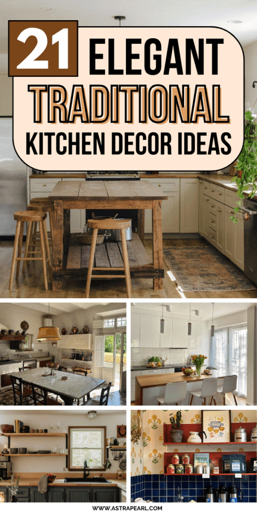 Pinterest Pin for traditional kitchen decor ideas.