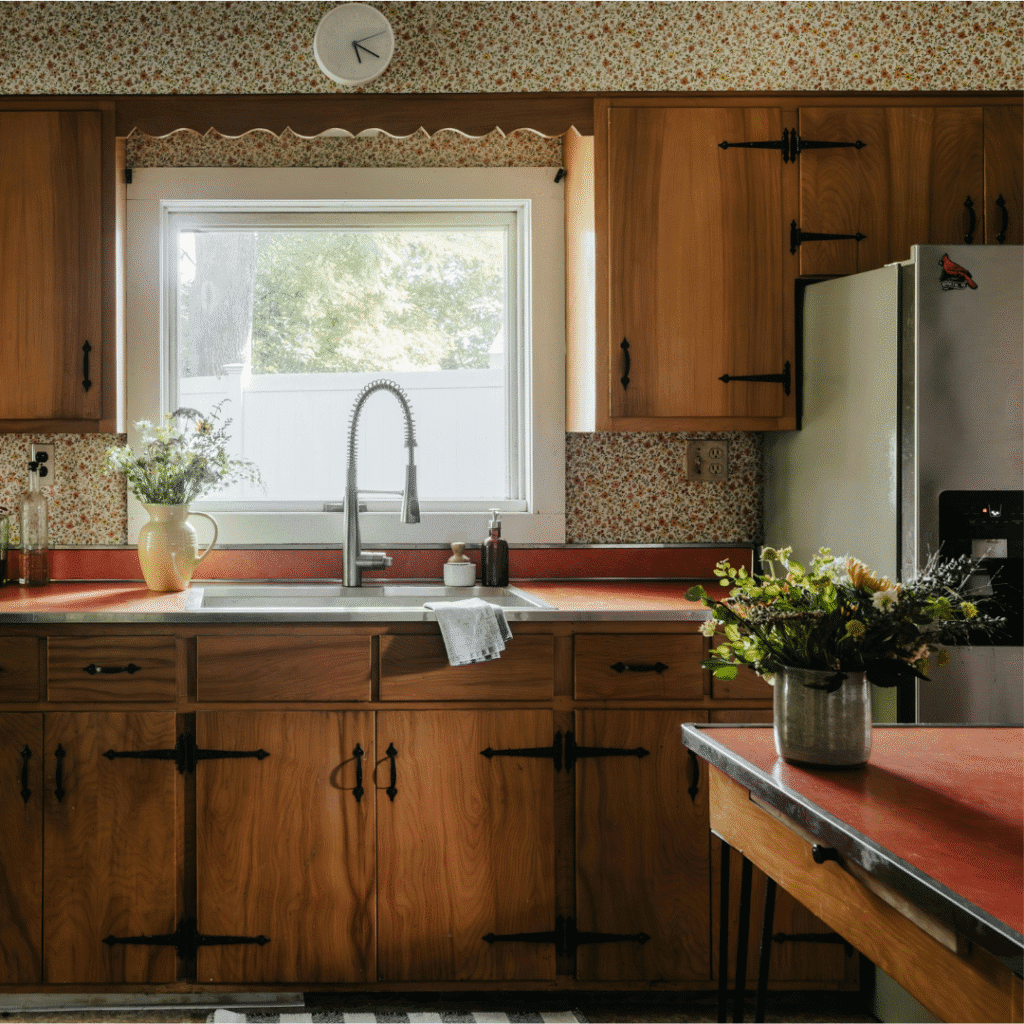 Floral wallpaper above kitchen cabinet.