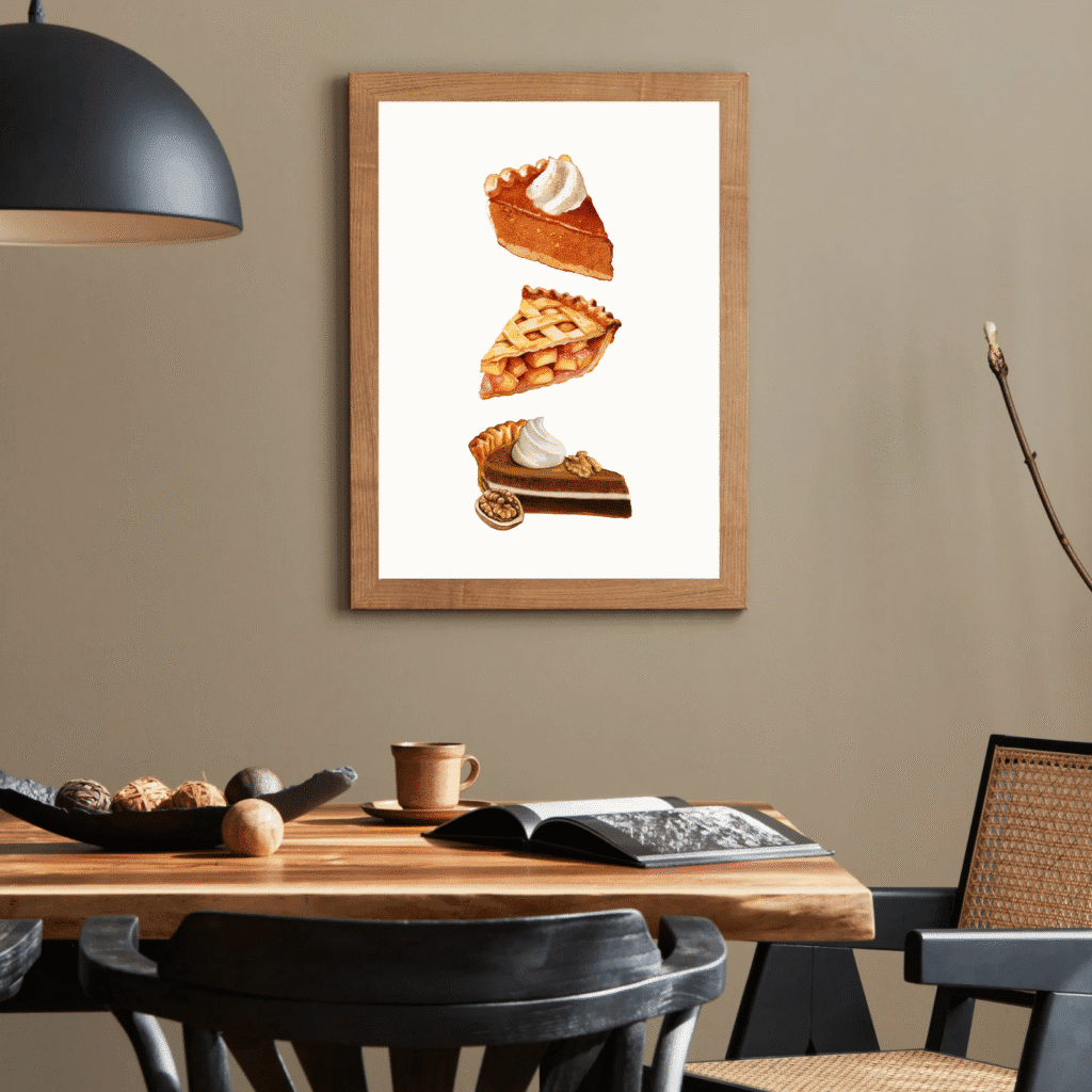 A Thanksgiving pie wall art print in a kitchen.