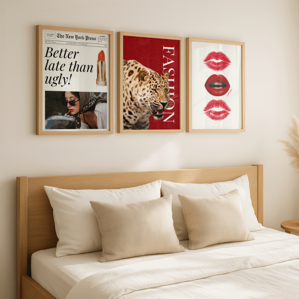 A modern bedroom with 3 trendy red art prints above the bed.