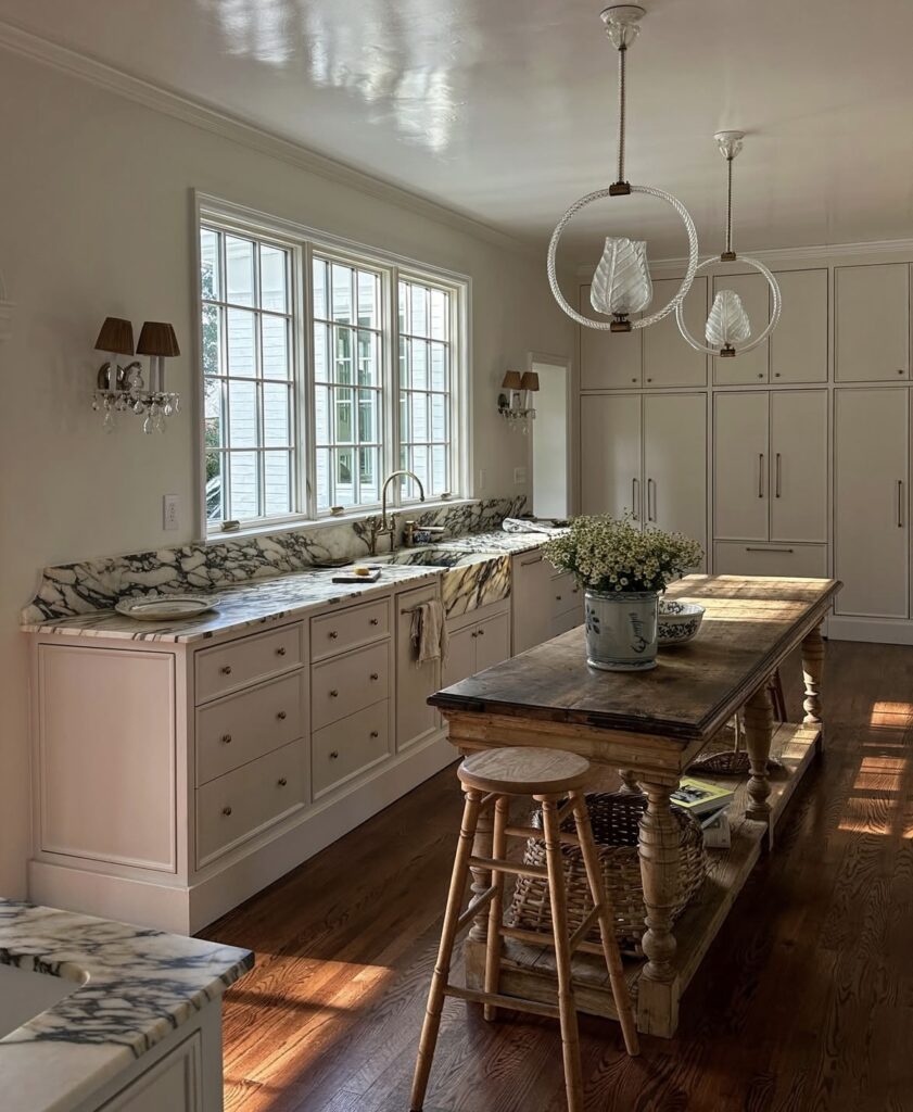 A white kitchen cabinet with marble countertop.
