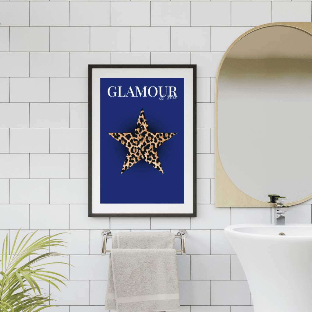 A trendy blue leopard art print in a bathroom.