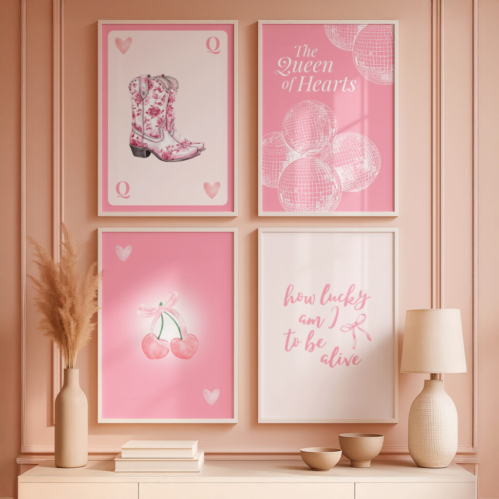 4 coquette art prints above a console table.