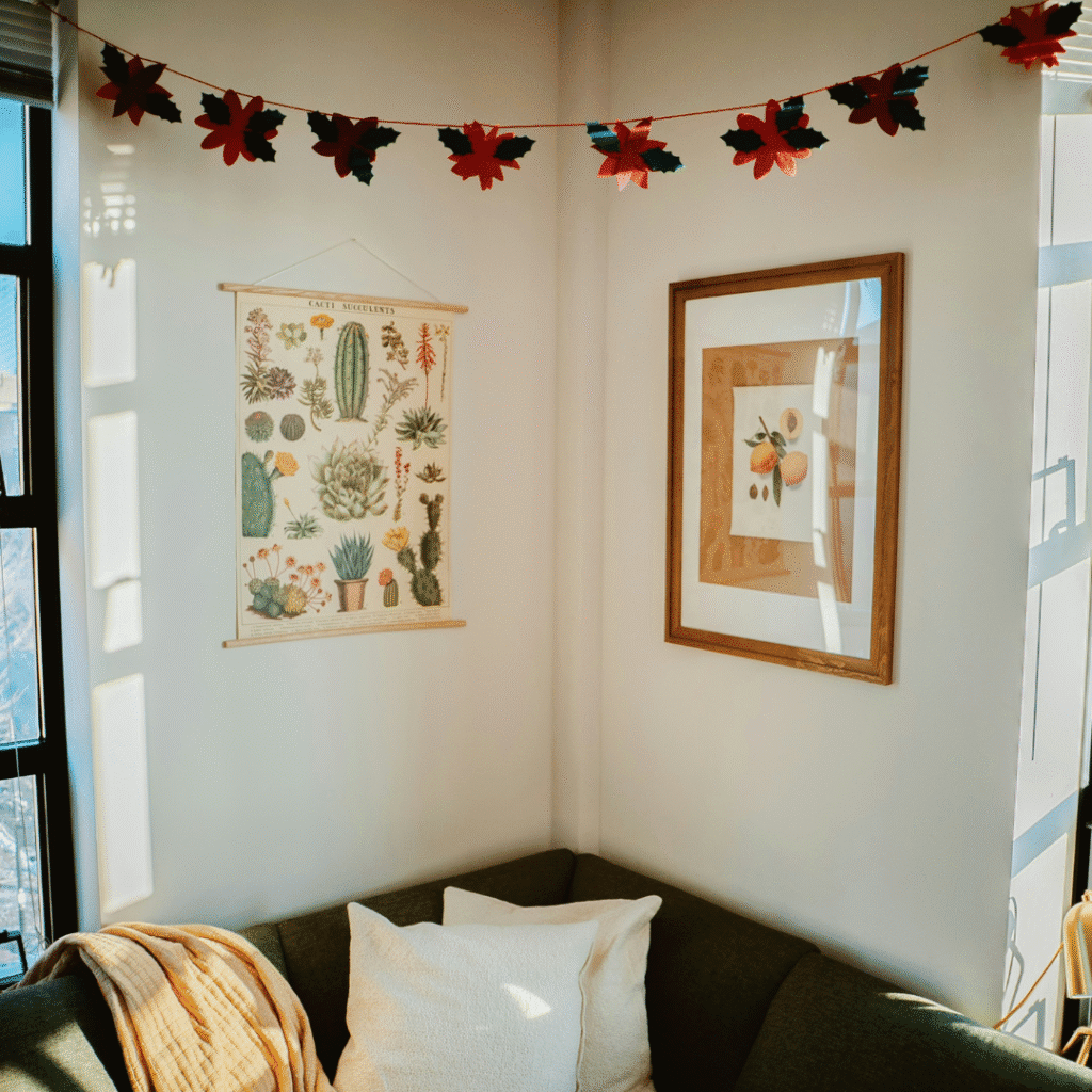 Fall prints and garlands in a living room.