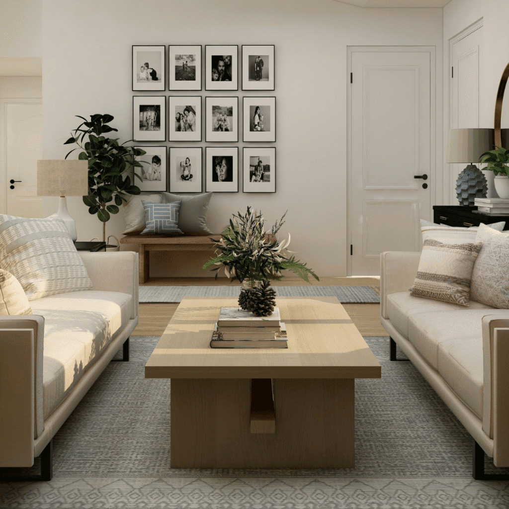 Personal photographs in a living room.