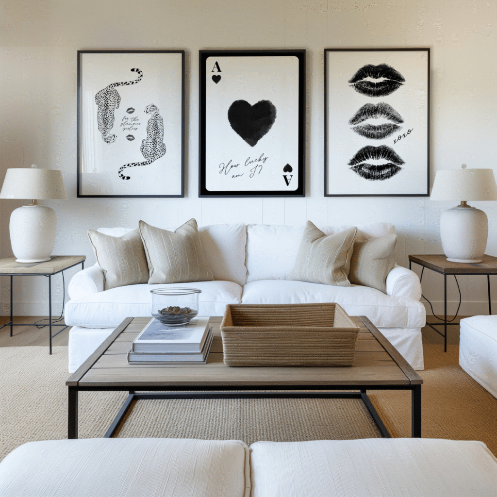 A modern living room with 3 trendy black art prints above the sofa.