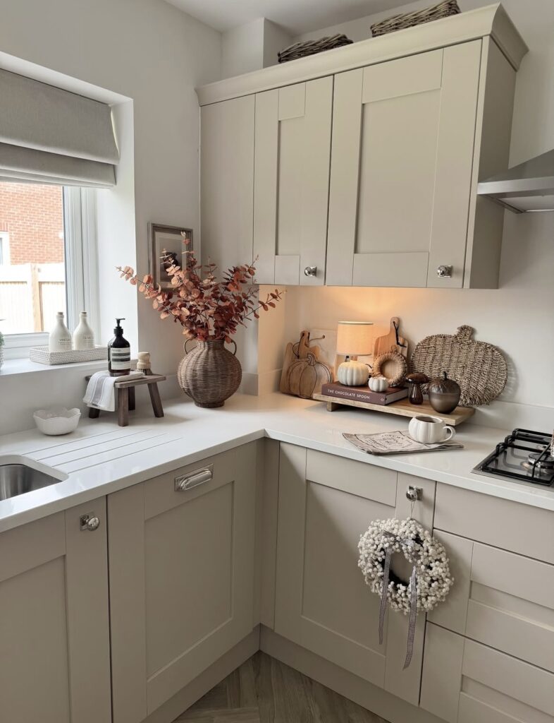 A gray kitchen cabinet with seasonal touches.