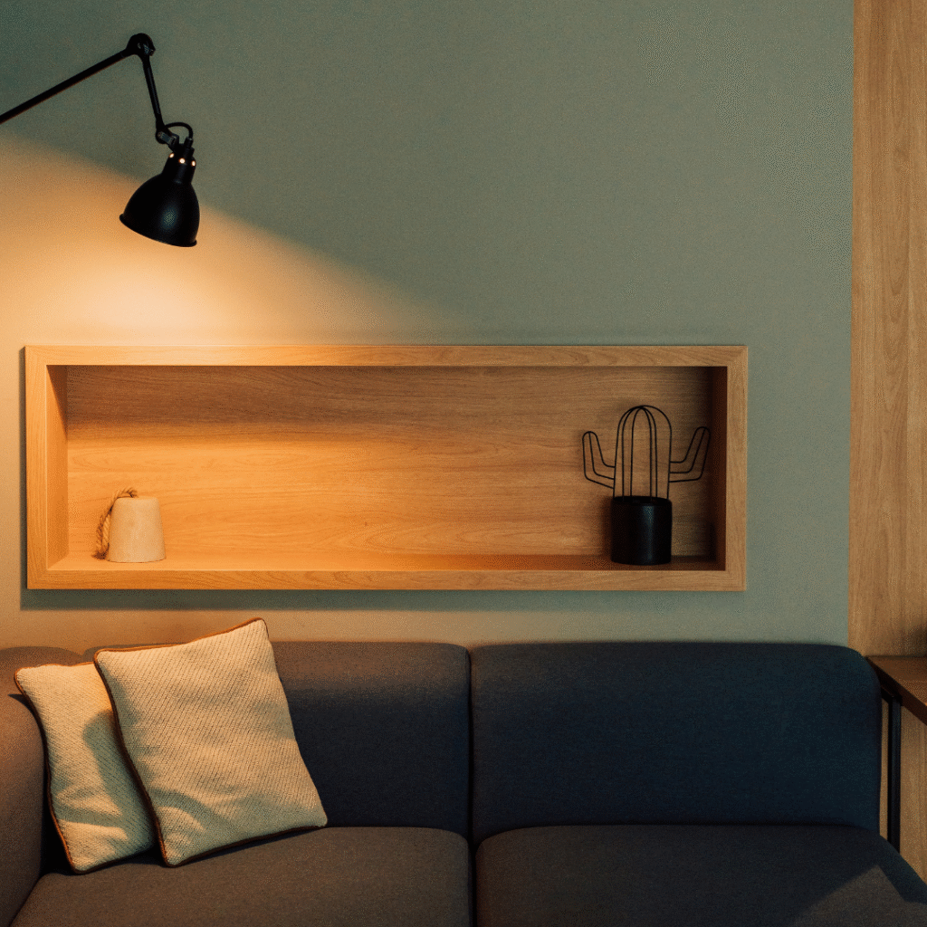 A modern living room with a floor lamp.