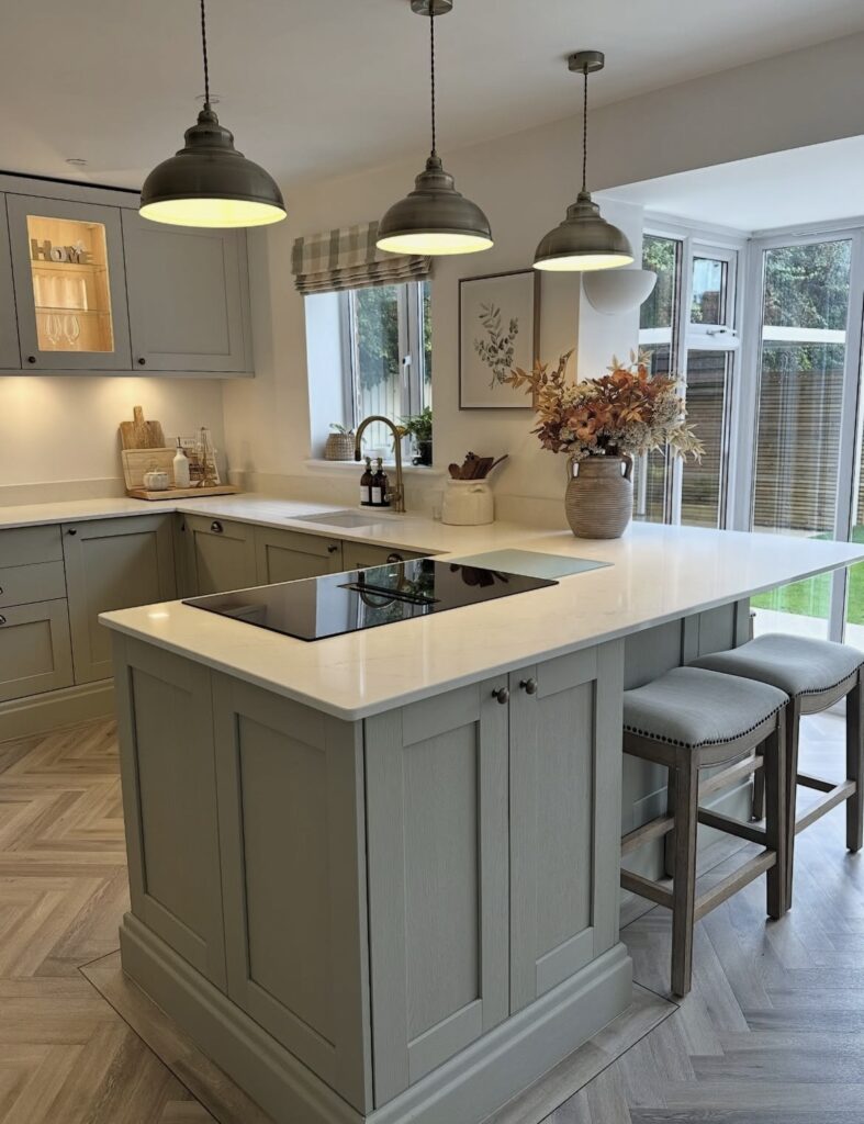 A gray kitchen cabinet.