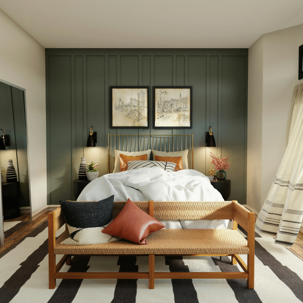 A modern green, black, and white bedroom.