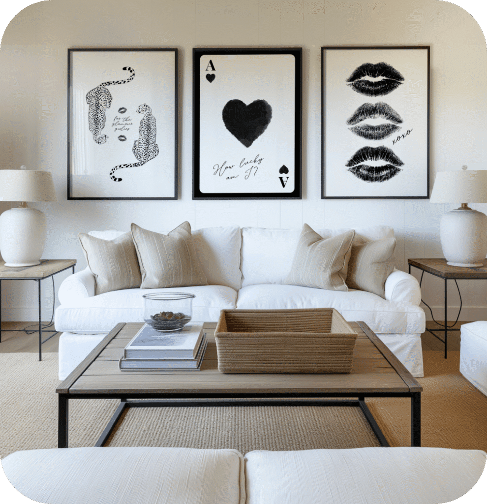 A modern living room with 3 trendy black art prints above the sofa.
