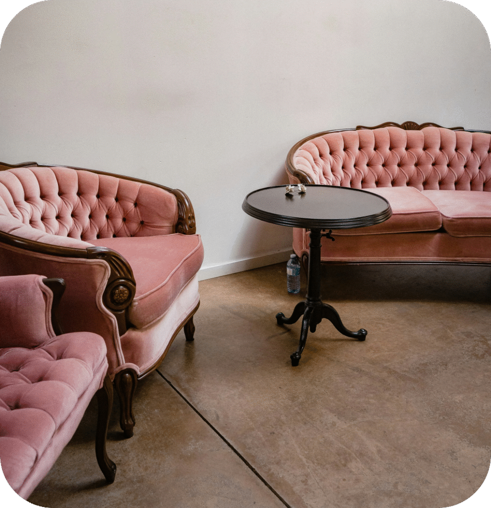3 antique pink chairs.