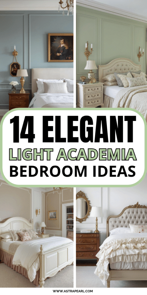 Pinterest Pin for light academia bedroom ideas.