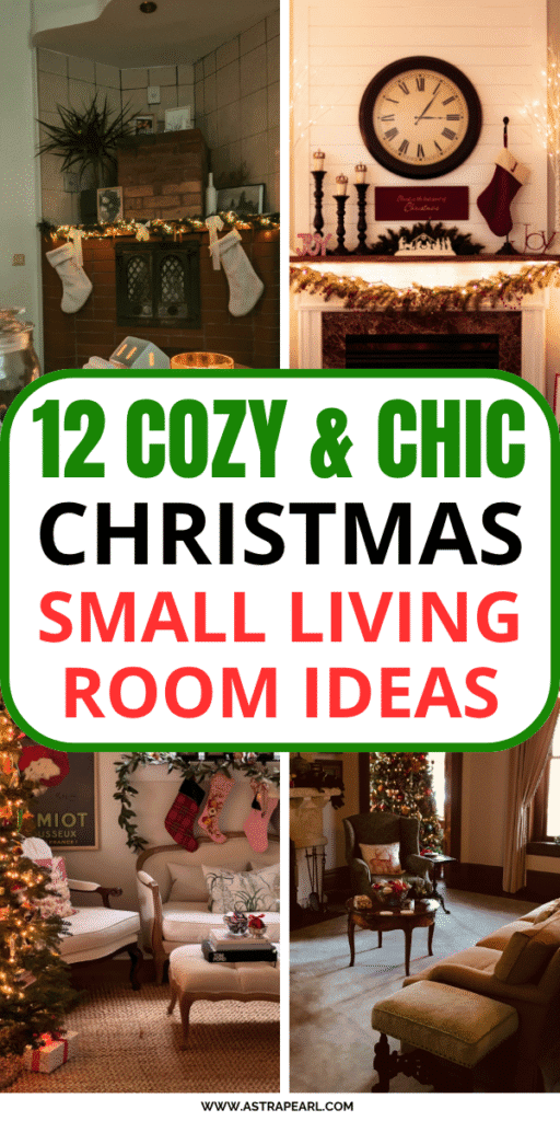 Pinterest Pin for how to decorate a small living room for Christmas.