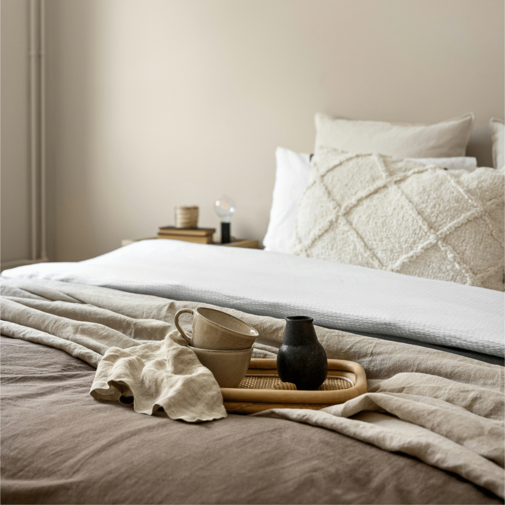 A modern bedroom with beige walls.
