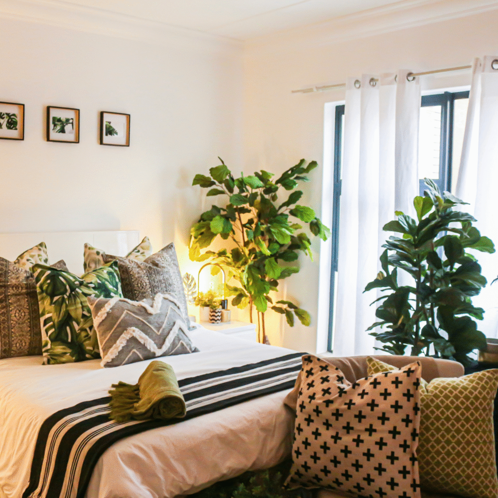 A bedroom with plants.
