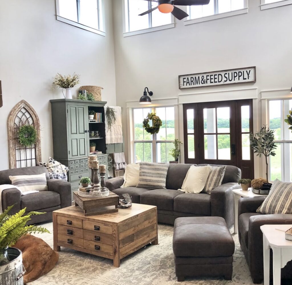 A rustic farmhouse living room.