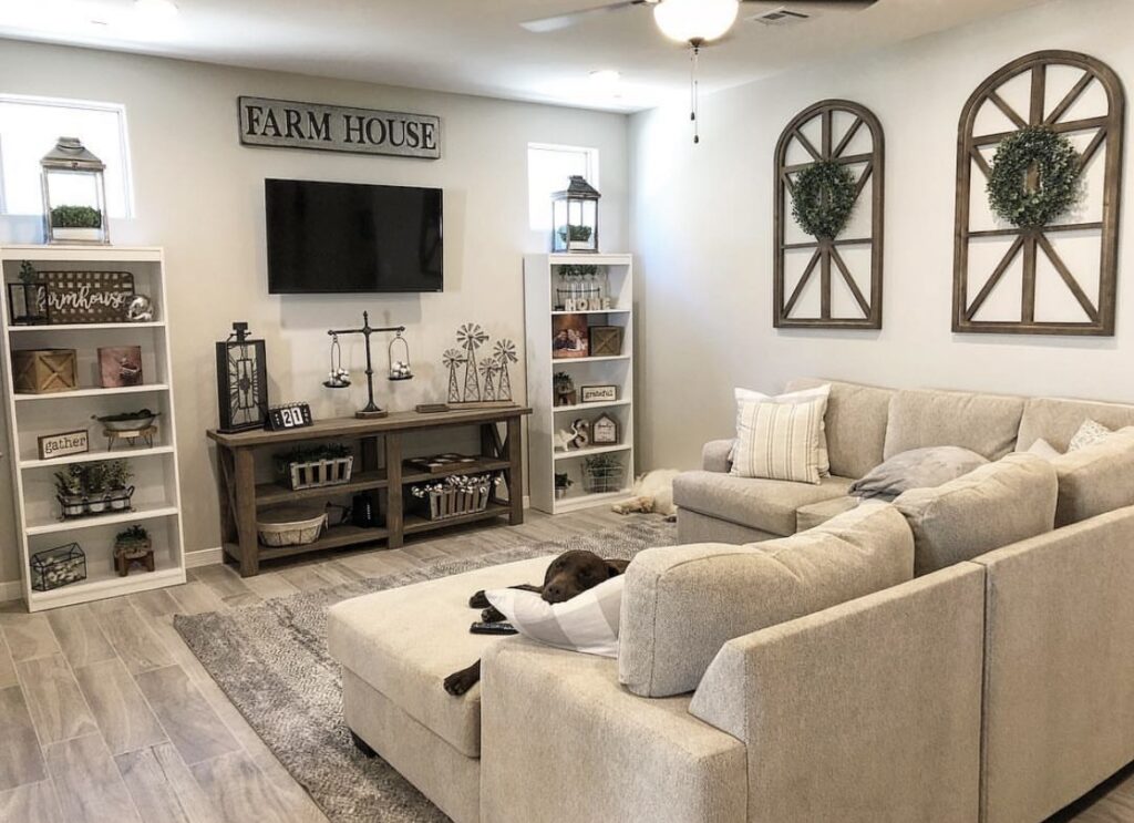 A rustic farmhouse living room.