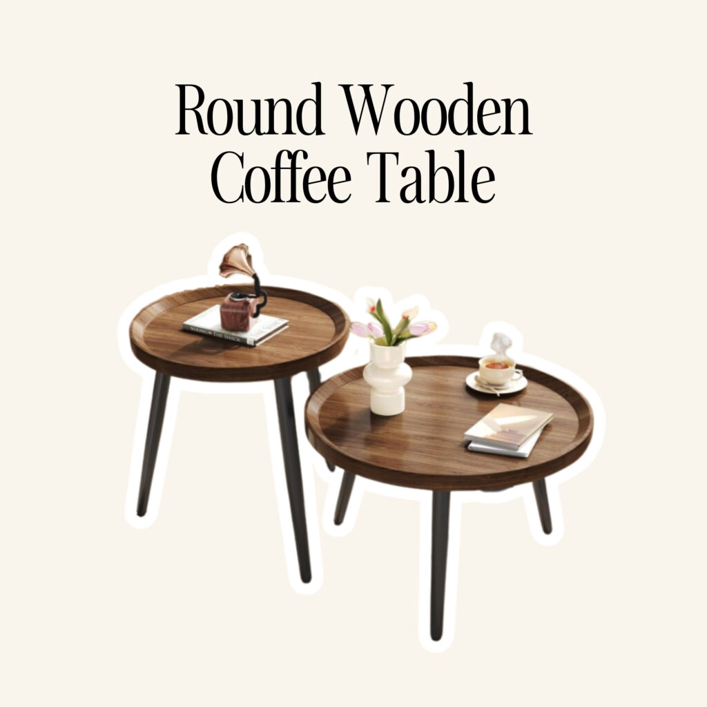 A round wooden coffee table.