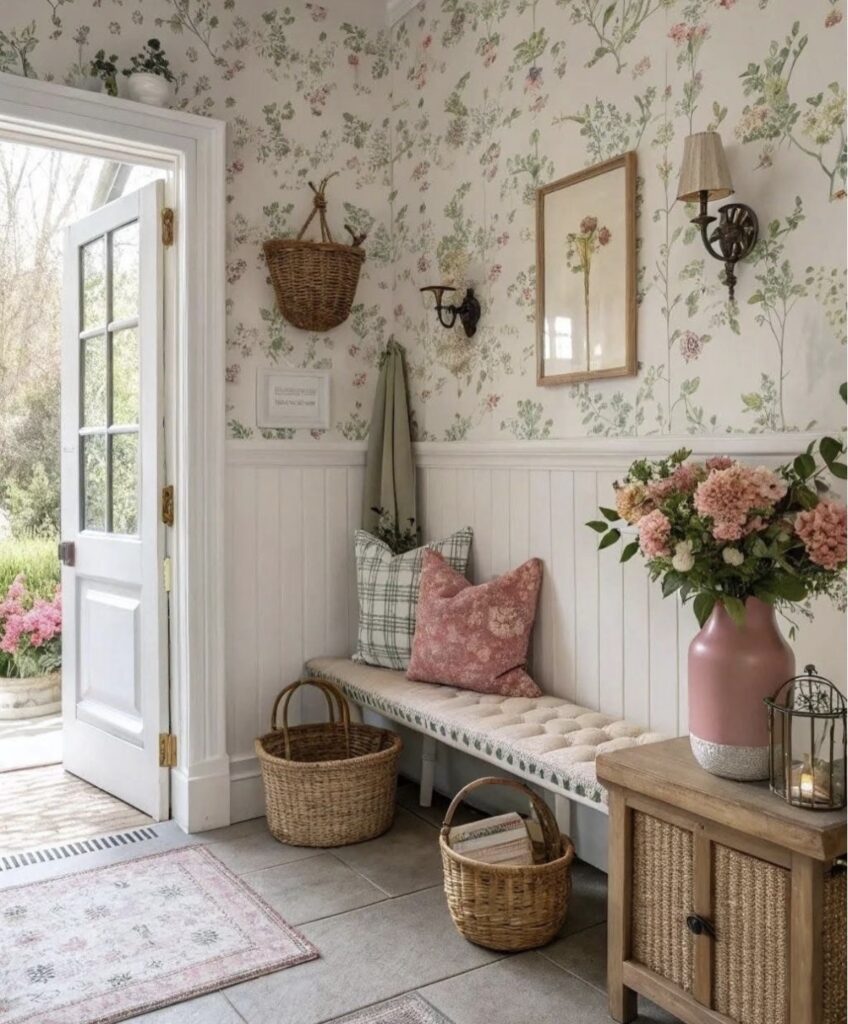 A farmhouse entryway with a green and pink color palette.