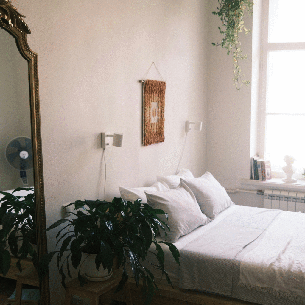 An antique gold mirror in a modern bedroom.