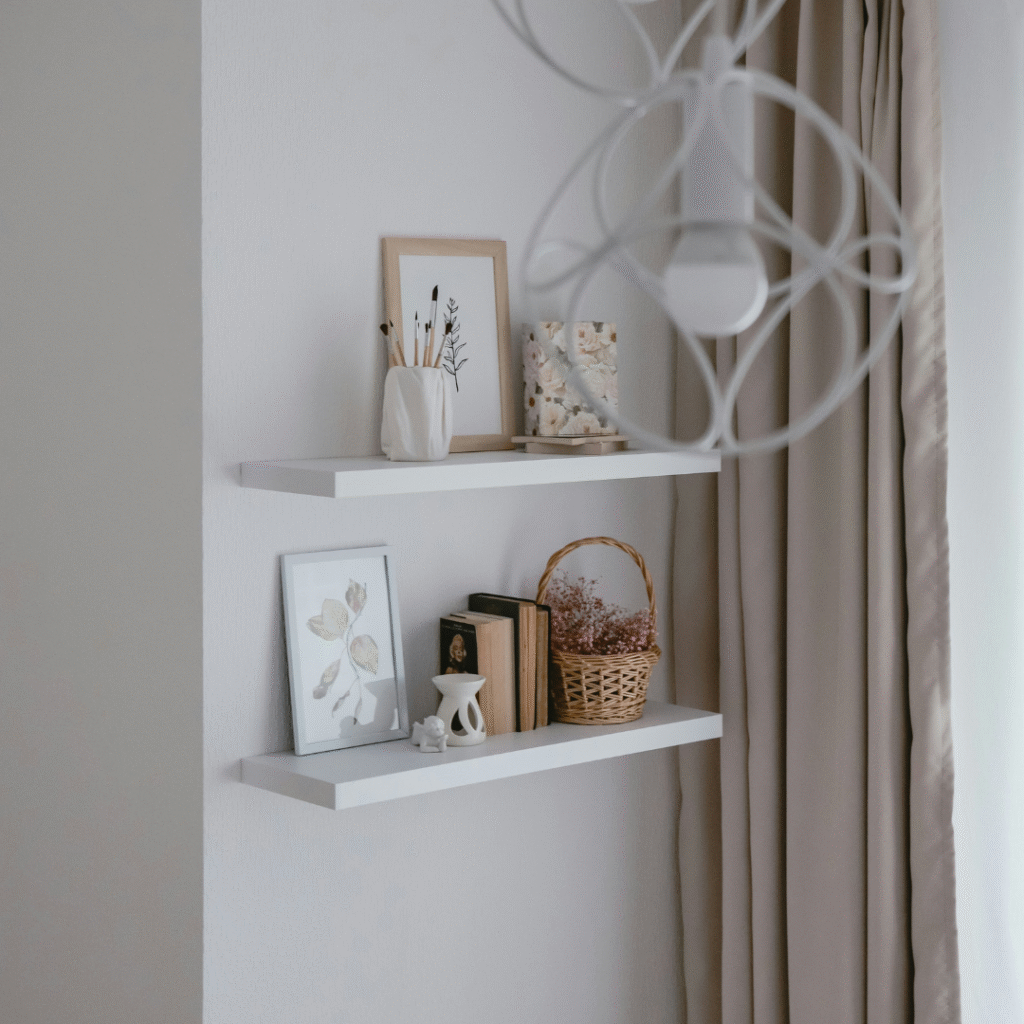 Wall mounted shelves.